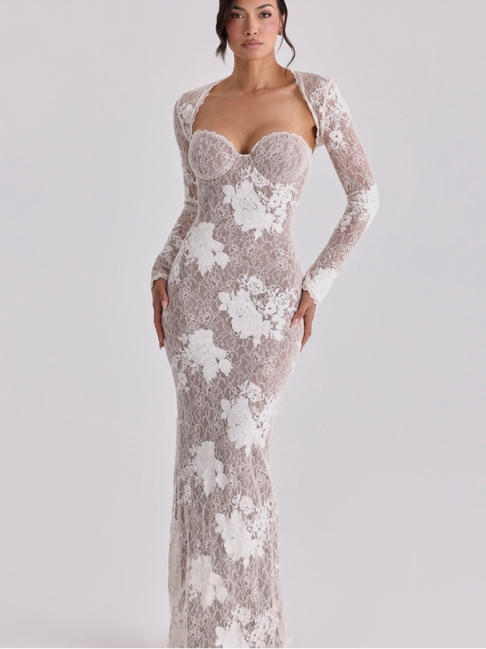 House of CB Taupe and White Lace Long Sleeve Mermaid Gown